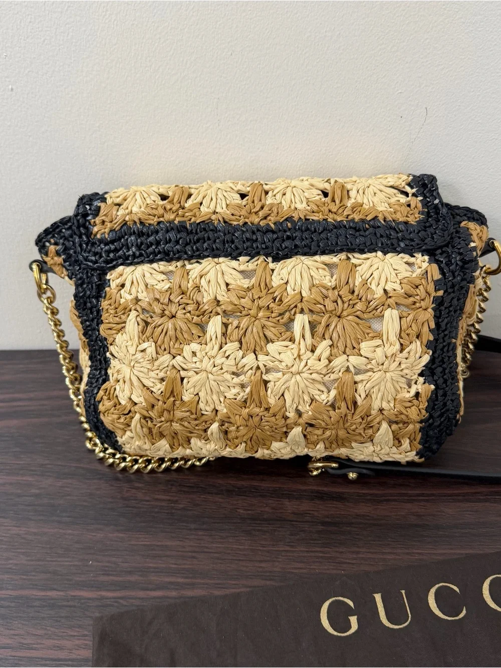 Gucci GG Marmont Raffia Daisy Floral Mini Shoulder Bag Crossbody Beige Black - Picture 12 of 16